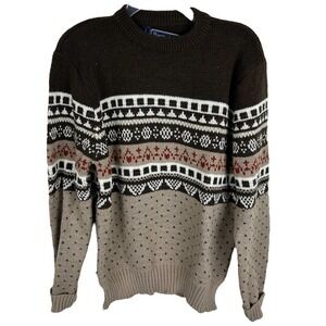 Vintage 1980s Chunky Brown Cottage Fair Isle Long Sleeve Sweater L